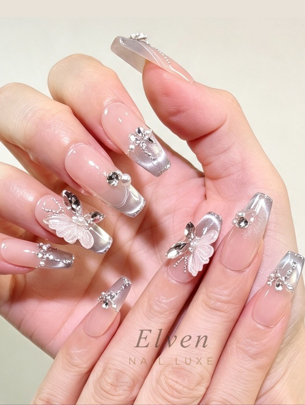 Nude Blue Cat Eye Long Coffin Press On Nails & Silver Mirror Tips 3D Butterfly